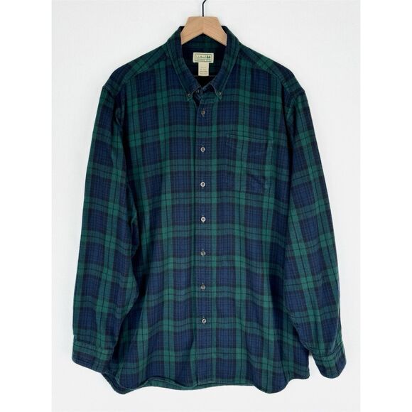 LL Bean Flannel Shirt Mens‎ XLT Green Blue Plaid Button Up Cozy Warm Outdoor - Picture 1 of 13